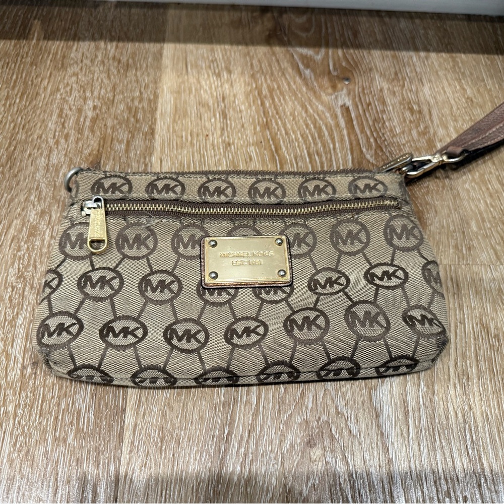 Michael Kors Tan and Brown Logo Wristlet